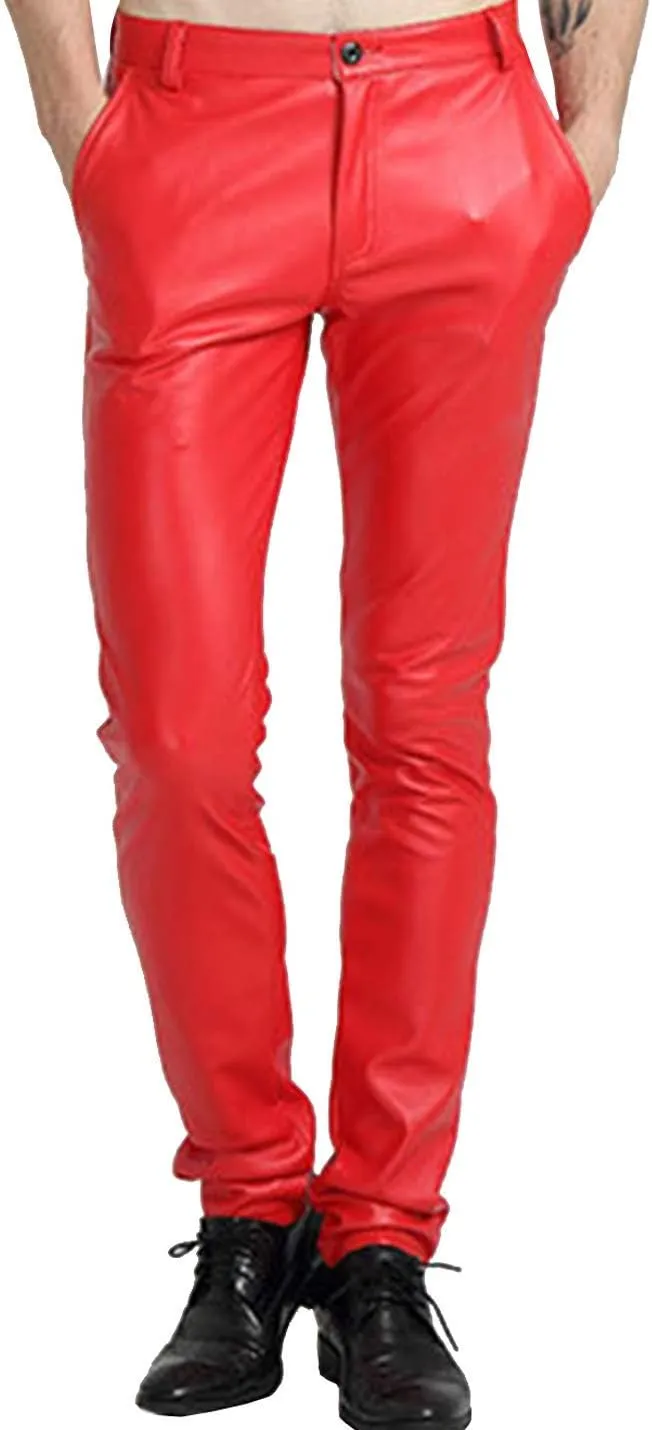 Yeokou Men's Skinny Straight Leg Tapered Pu Faux Leather Motorcycle Biker Pants