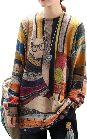 YESNO Women Christmas Sweater Graphic Printed Oversized Pullover Sweaters Casual Loose Knit Tops S01