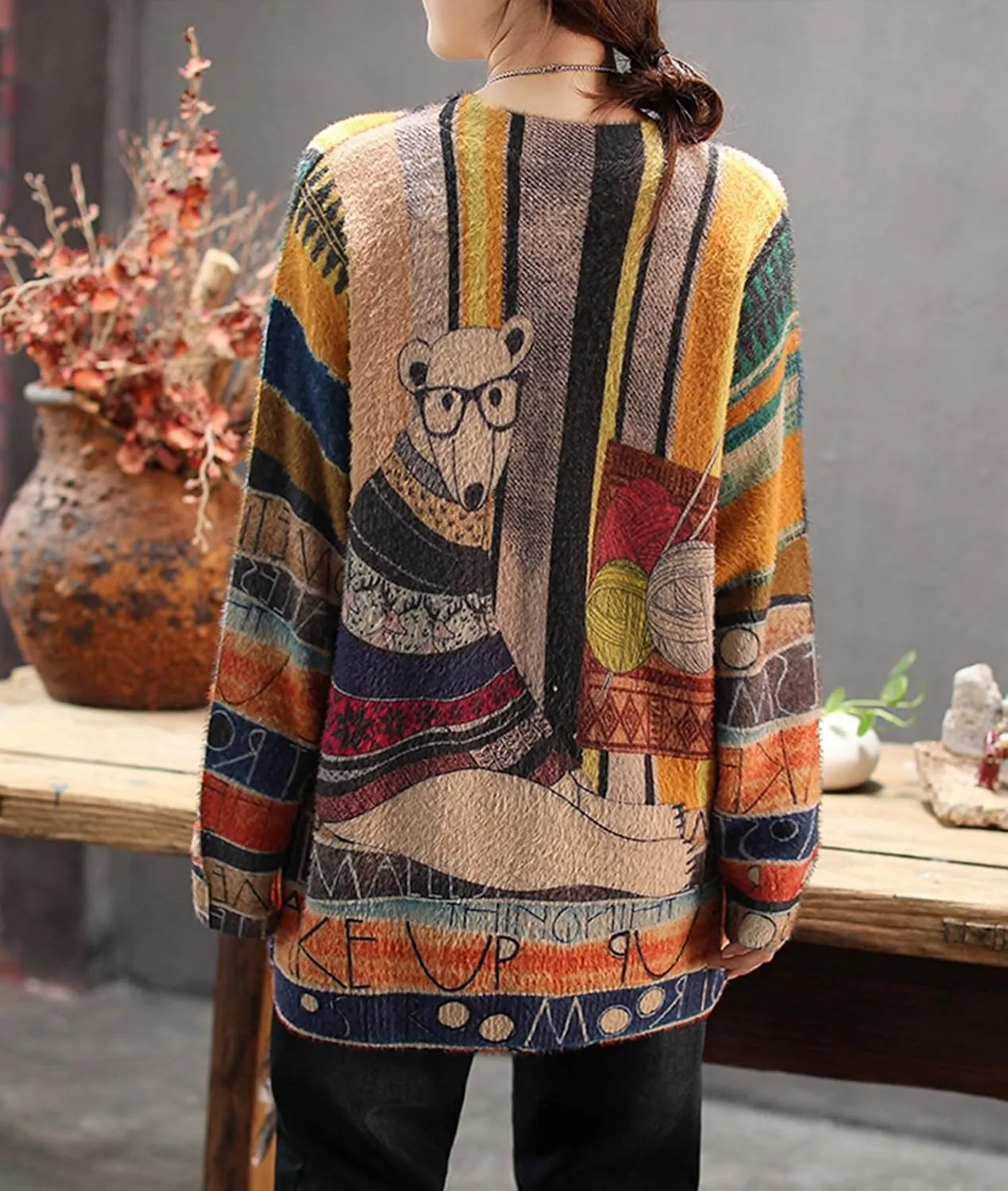 YESNO Women Christmas Sweater Graphic Printed Oversized Pullover Sweaters Casual Loose Knit Tops S01