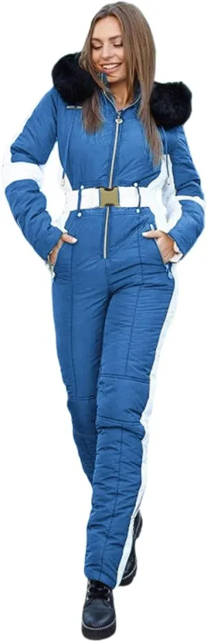 Yousify Womens Winter Onesies Ski Jumpsuits Outdoor Sports Waterproof Snowsuit Removable Fur Collar Coat Jumpsuit