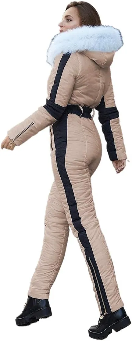 Yousify Womens Winter Onesies Ski Jumpsuits Outdoor Sports Waterproof Snowsuit Removable Fur Collar Coat Jumpsuit