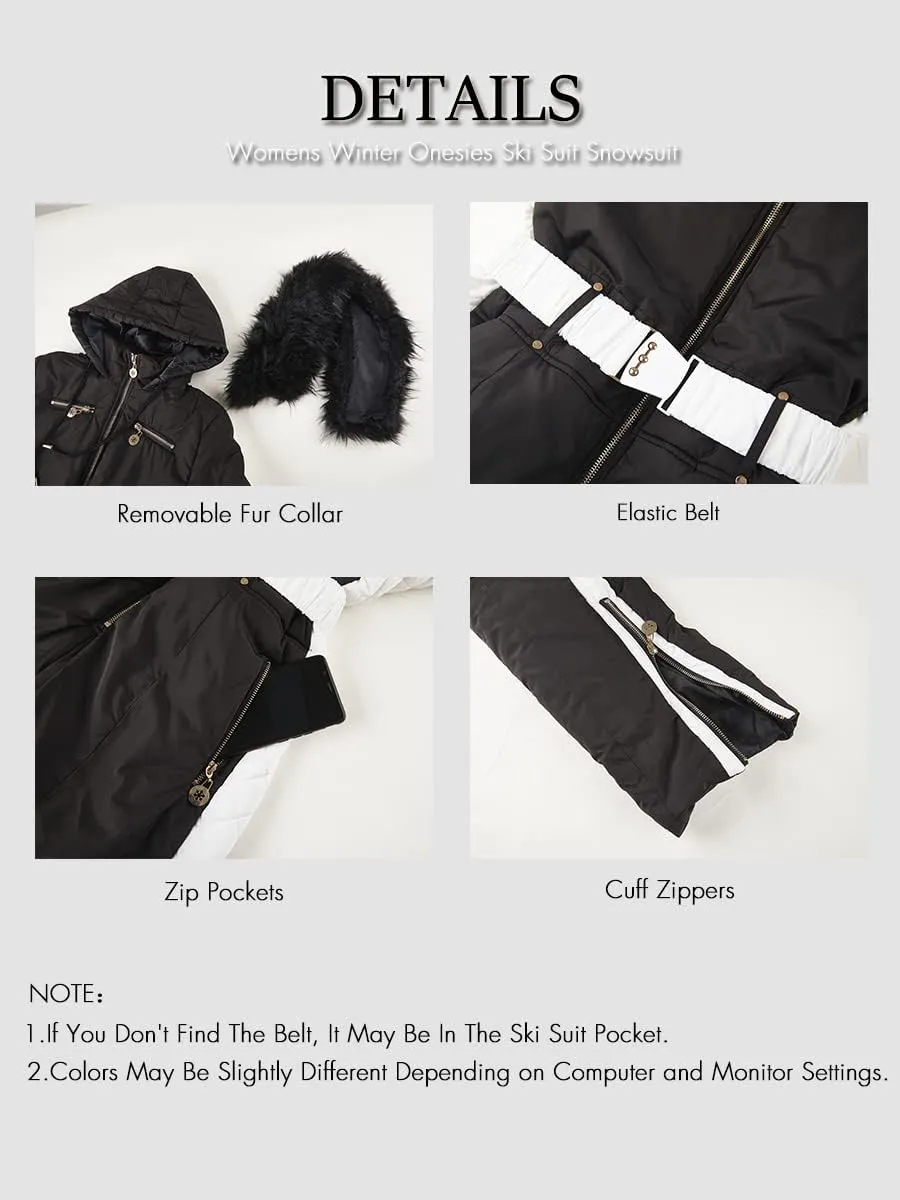 Yousify Womens Winter Onesies Ski Jumpsuits Outdoor Sports Waterproof Snowsuit Removable Fur Collar Coat Jumpsuit