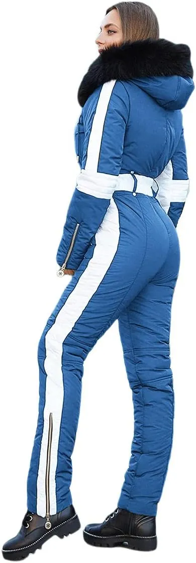 Yousify Womens Winter Onesies Ski Jumpsuits Outdoor Sports Waterproof Snowsuit Removable Fur Collar Coat Jumpsuit
