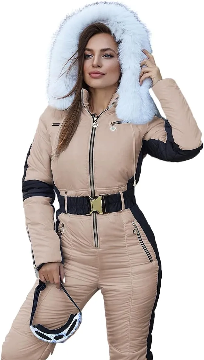 Yousify Womens Winter Onesies Ski Jumpsuits Outdoor Sports Waterproof Snowsuit Removable Fur Collar Coat Jumpsuit