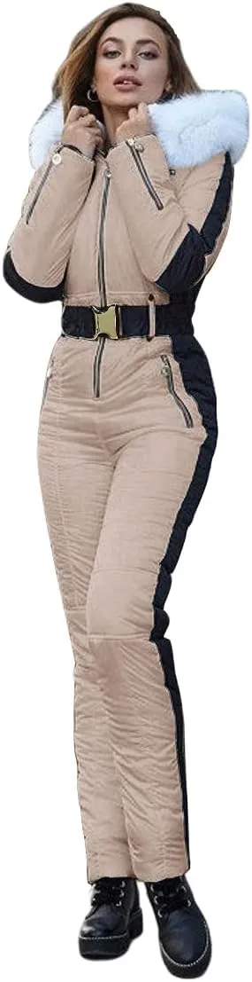 Yousify Womens Winter Onesies Ski Jumpsuits Outdoor Sports Waterproof Snowsuit Removable Fur Collar Coat Jumpsuit
