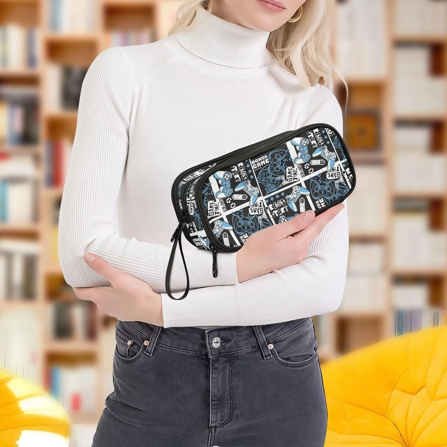 ZAZYXTJ Video Game Large Capacity Pencil Case 3 Compartment Pen Pouch Storage Canvas Makeup Bag for School Office Teen Girl Boy Men Women