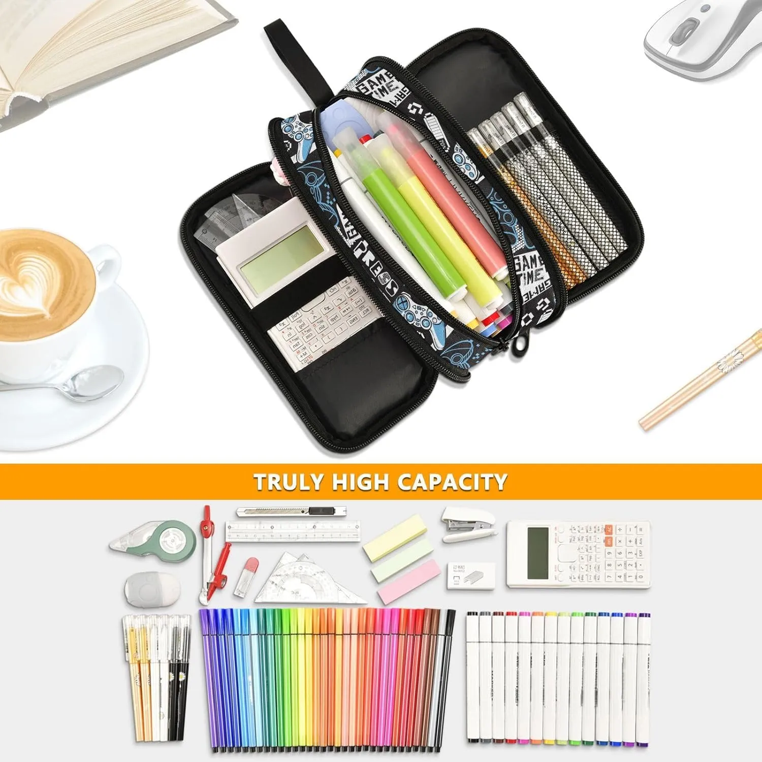 ZAZYXTJ Video Game Large Capacity Pencil Case 3 Compartment Pen Pouch Storage Canvas Makeup Bag for School Office Teen Girl Boy Men Women