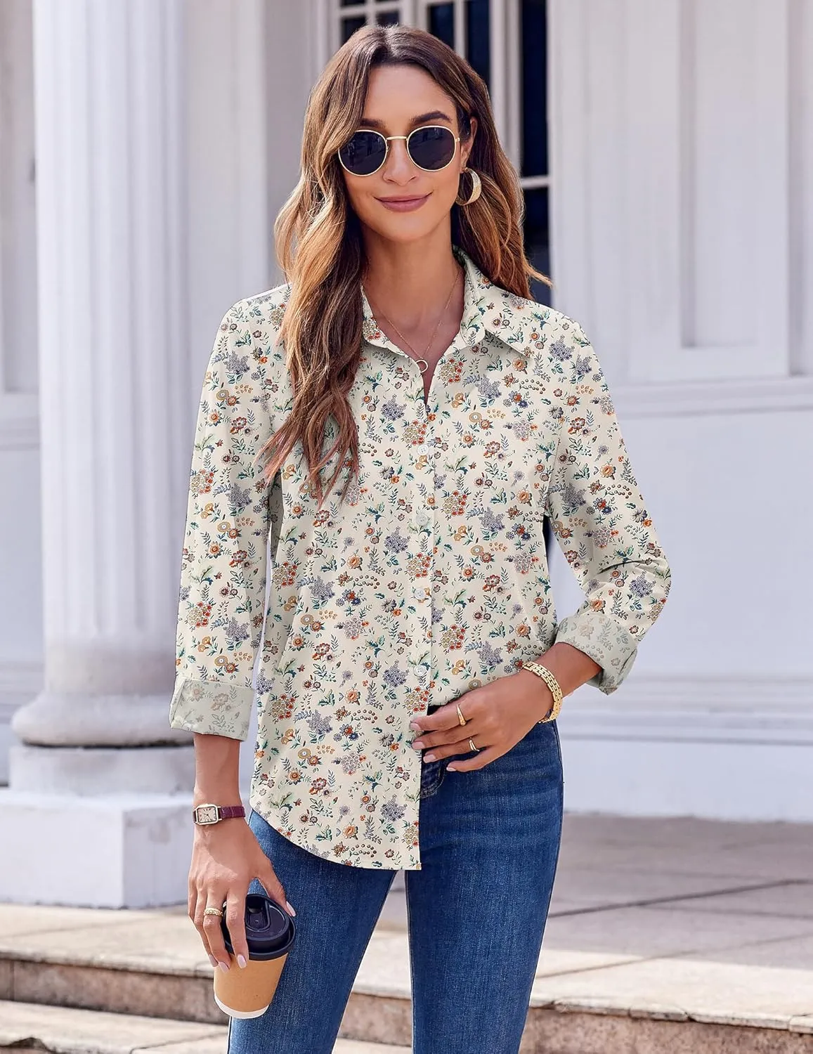 Zeagoo Button Down Shirts for Women Dressy Floral Printed Long Sleeve Blouse Business Casual Work Tops