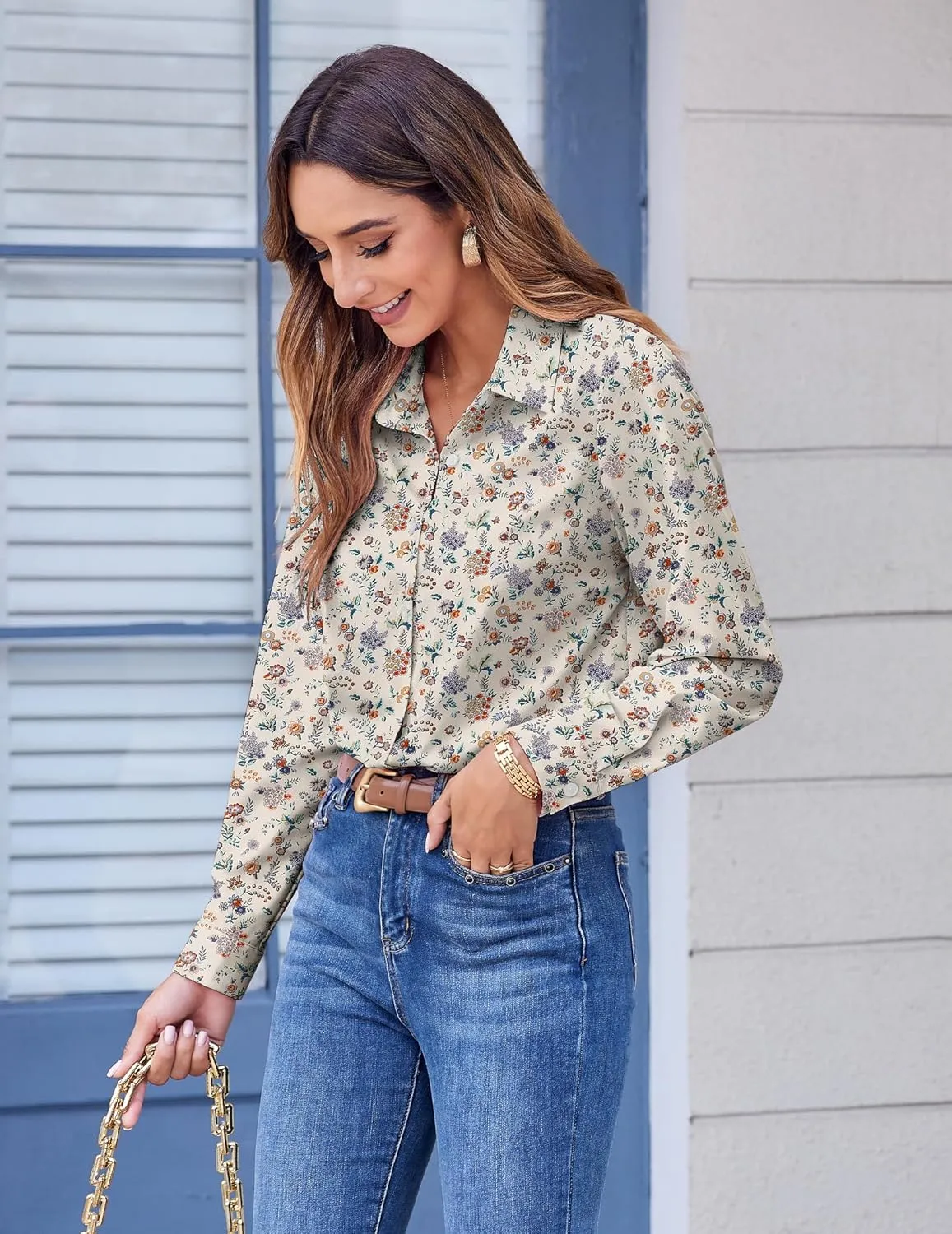 Zeagoo Button Down Shirts for Women Dressy Floral Printed Long Sleeve Blouse Business Casual Work Tops
