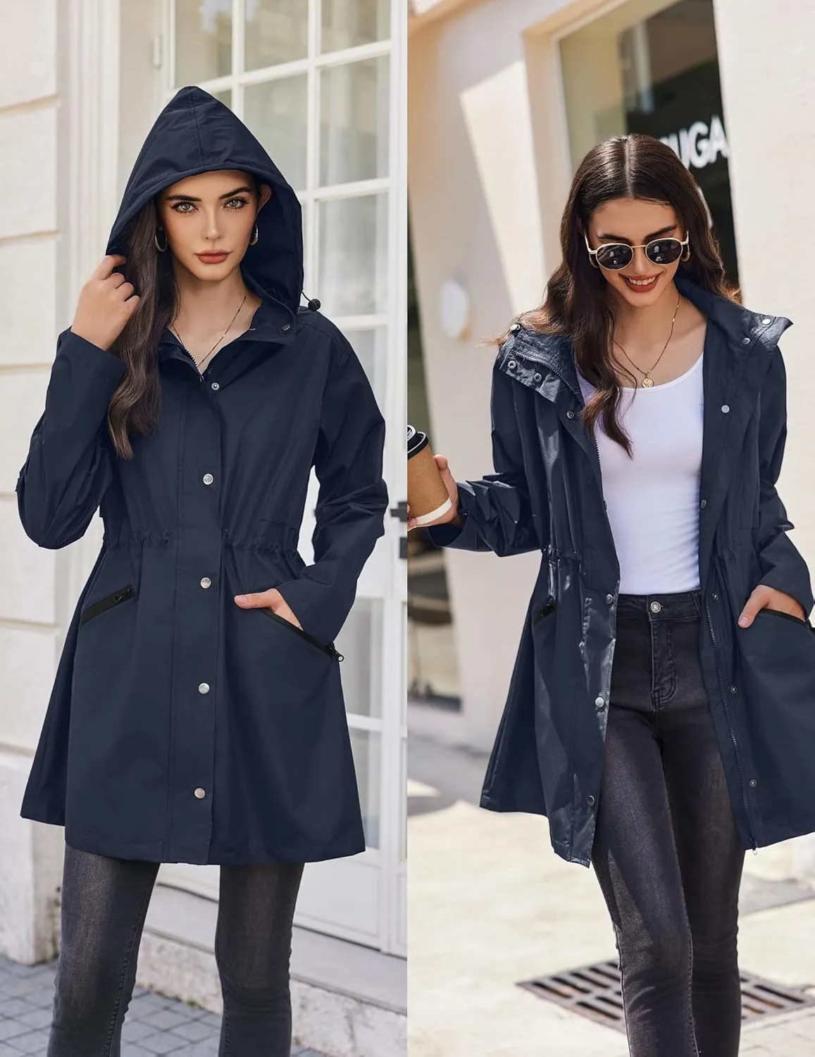 Zeagoo Raincoat Women Waterproof Long Hooded Rain Jacket Trench Coats Windbreaker Travel Jacket