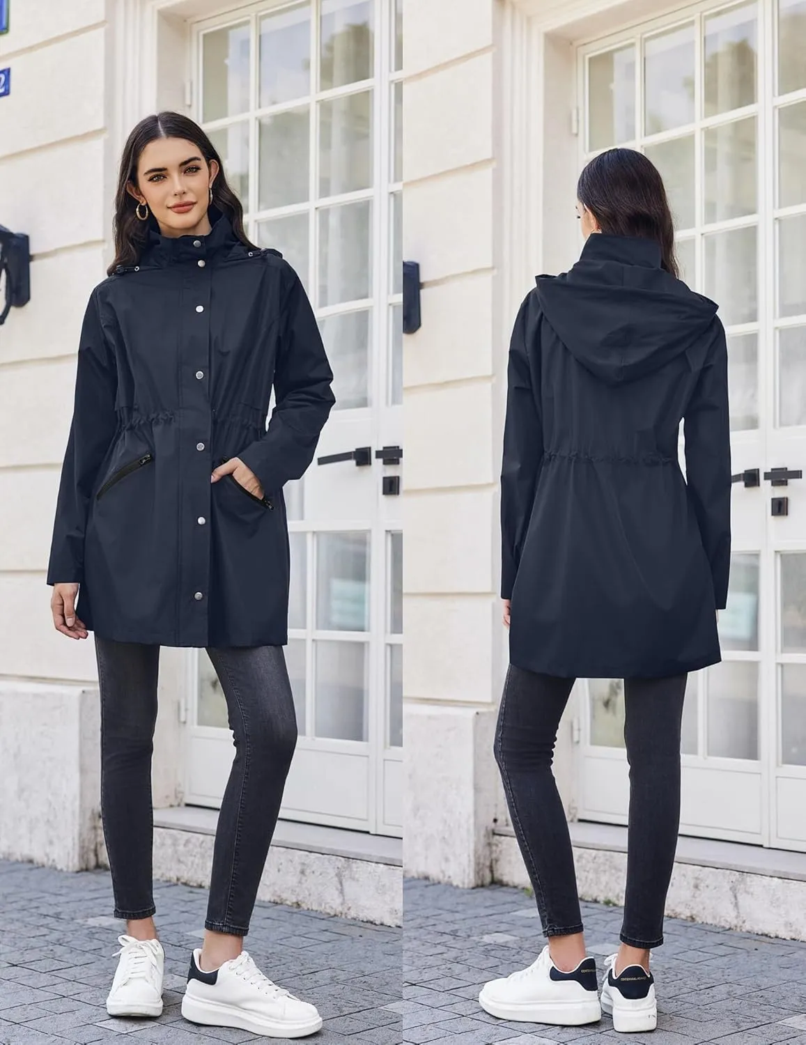 Zeagoo Raincoat Women Waterproof Long Hooded Rain Jacket Trench Coats Windbreaker Travel Jacket