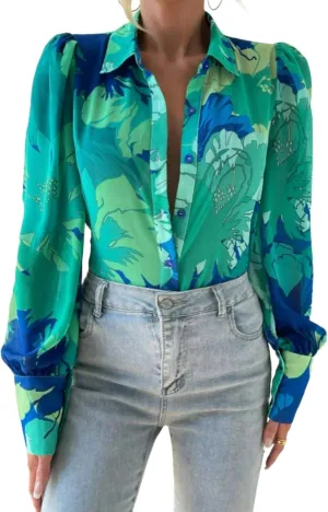Zeagoo Womens Shirts Button Down Printed Lantern Long Sleeve Blouse Fashion Casual Tops 2025