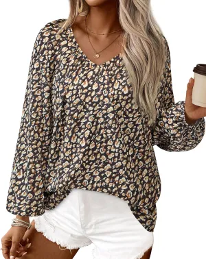 Zenlonr Women's Summer Tops Dressy Casual 2025 Long Sleeve V Neck Printed Shirts Boho Chiffon Work Blouses