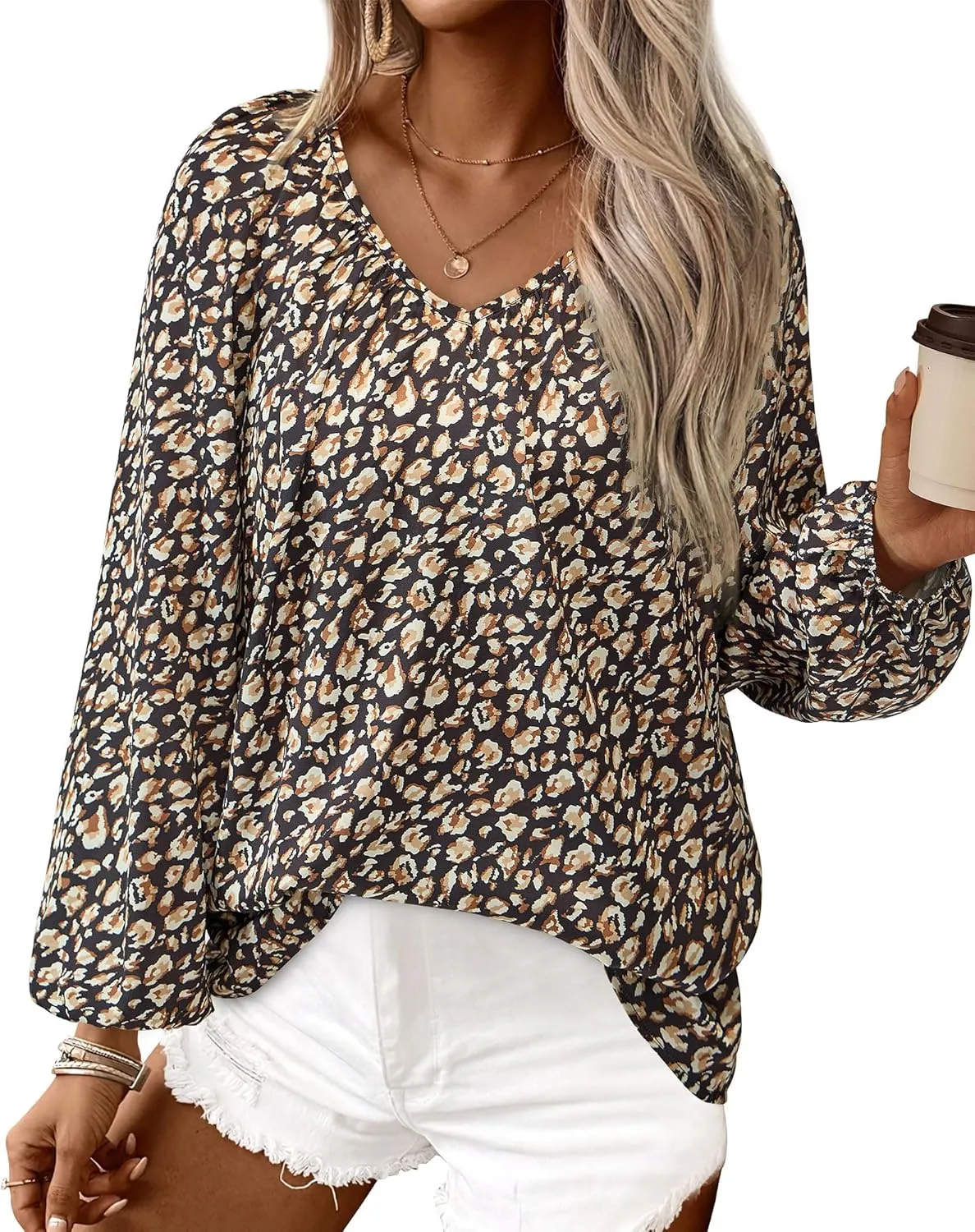 Zenlonr Women's Summer Tops Dressy Casual 2025 Long Sleeve V Neck Printed Shirts Boho Chiffon Work Blouses