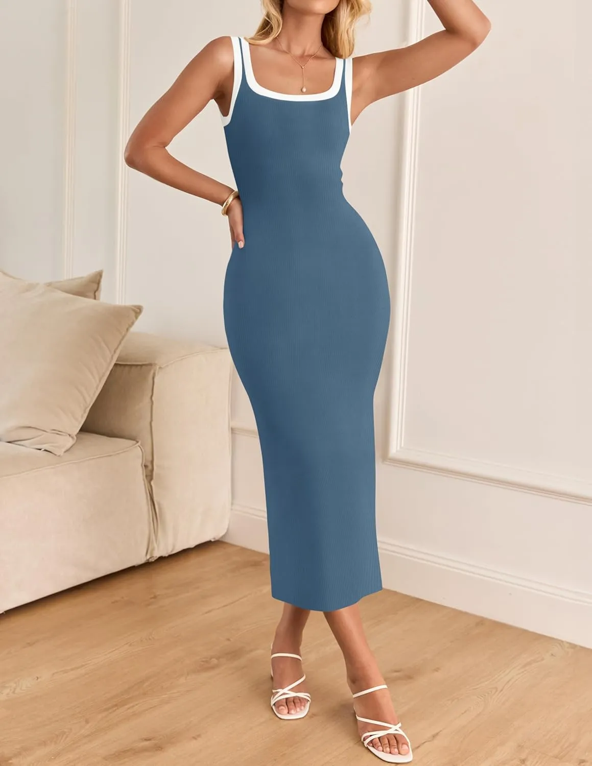 ZESICA Women's 2025 Summer Bodycon Midi Dress Casual Sleeveless Square Neck Side Slit Knit Vacation Long Dresses