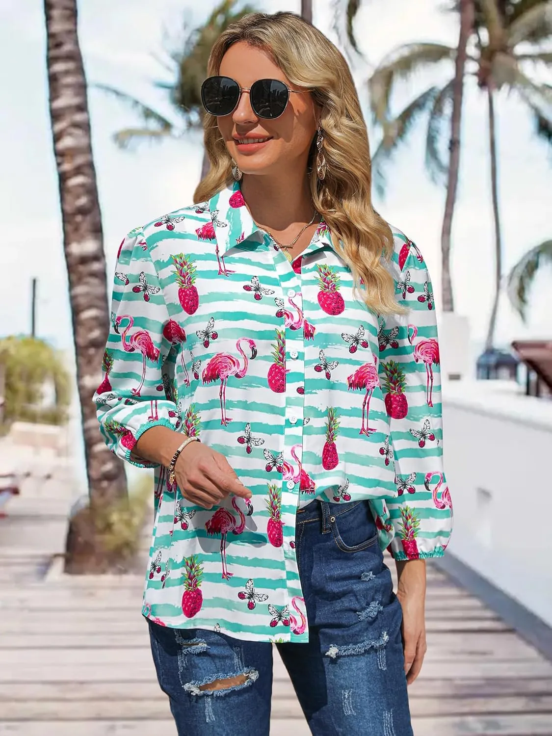 ZXZY Women Pineapple Printed Lapel Collar Half Sleeves Buttons Down Blouse Shirt
