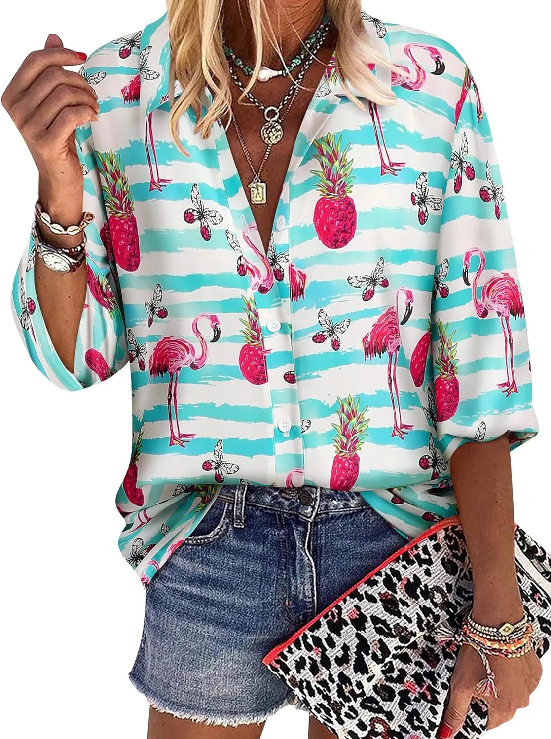 ZXZY Women Pineapple Printed Lapel Collar Half Sleeves Buttons Down Blouse Shirt