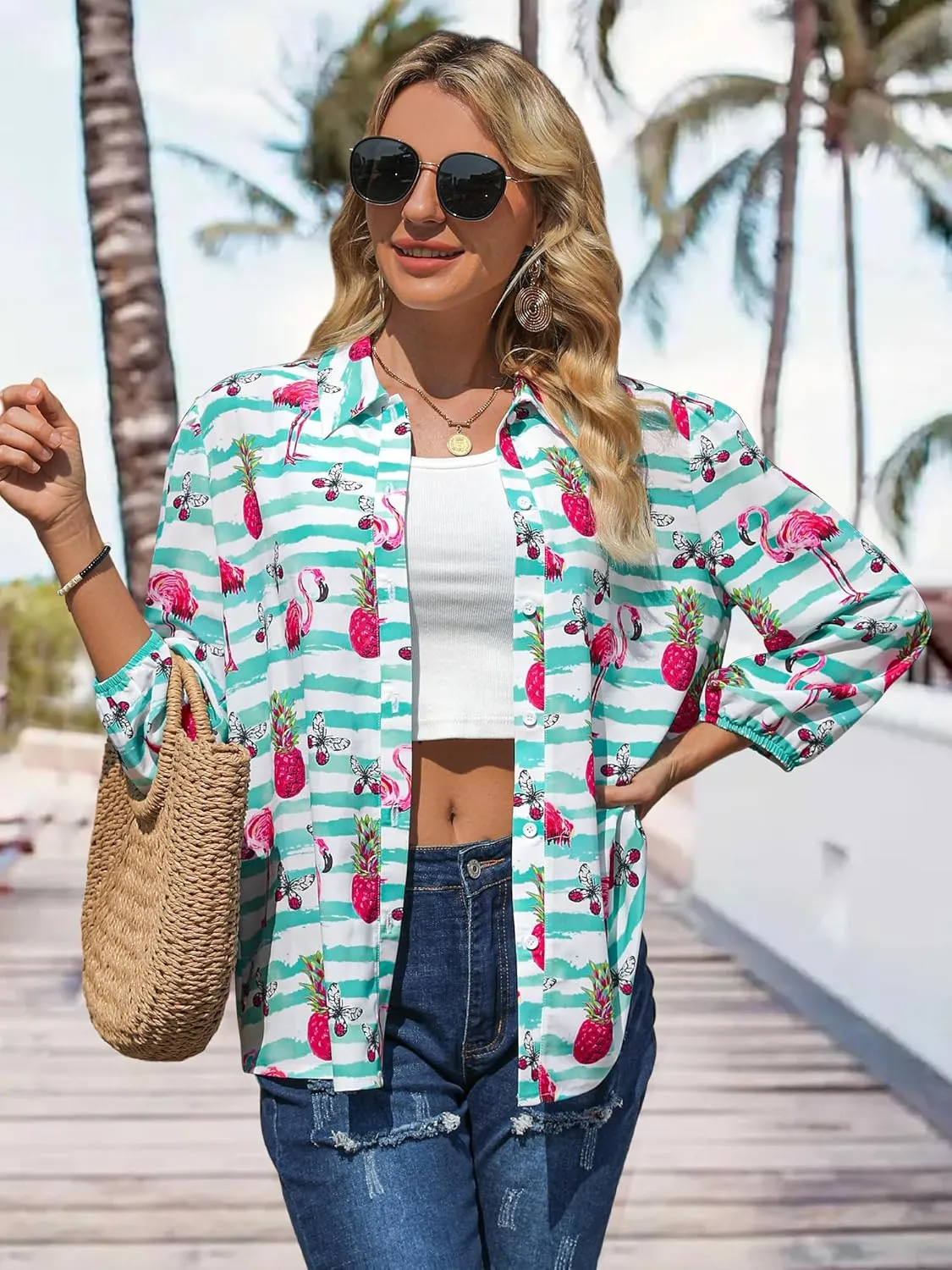 ZXZY Women Pineapple Printed Lapel Collar Half Sleeves Buttons Down Blouse Shirt