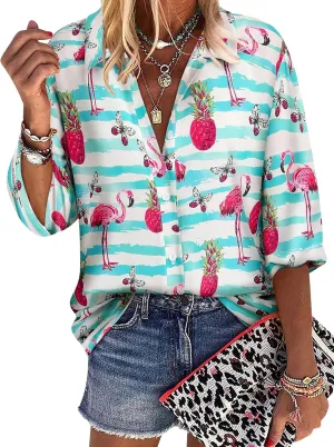 ZXZY Women Pineapple Printed Lapel Collar Half Sleeves Buttons Down Blouse Shirt